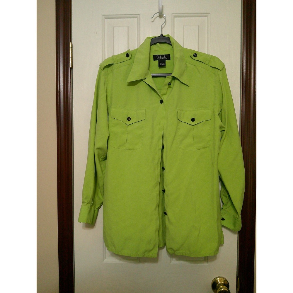 Rafaella Womens Lime Green 100% Silk Utility Button Down Shirt Epaulettes Size 8